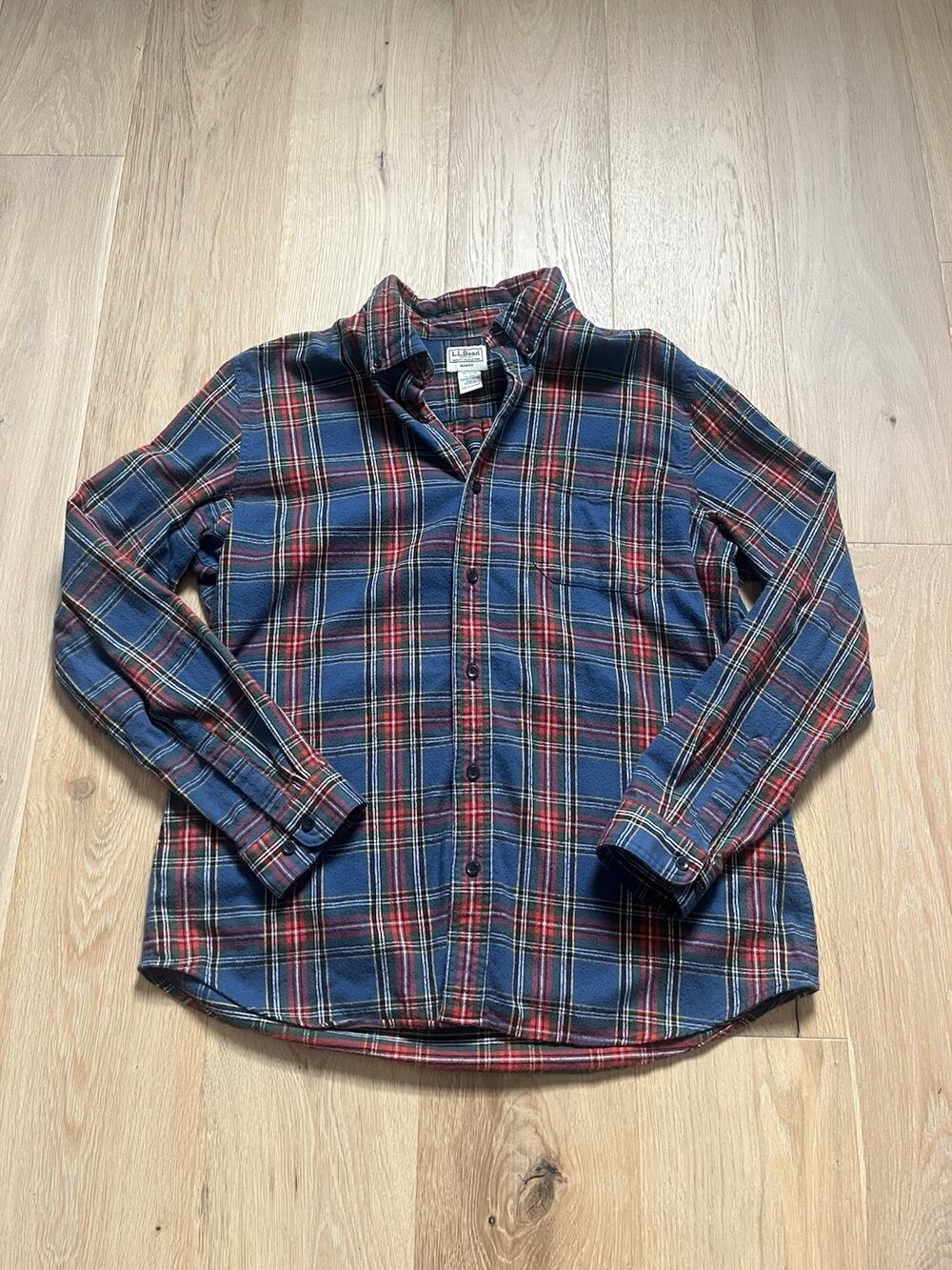 LL Bean Flannel Shirt Men's Red Blue Scotch Plaid Pocket Button Up Size XL VTG